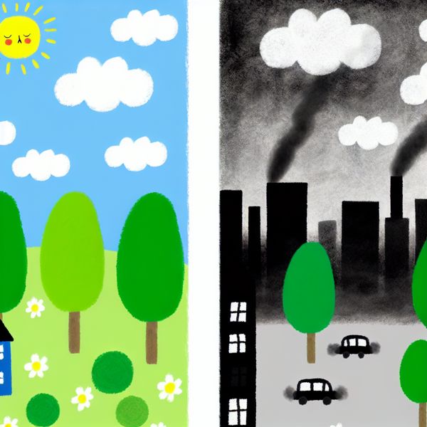 Verschil tussen schone en vervuilde atmosfeer - educatieve illustratie voor taalonderwijs Minimalistische illustratie van schone lucht met blauwe hemel en groene bomen naast vervuilde lucht met grijze gebouwen en rook uit auto's