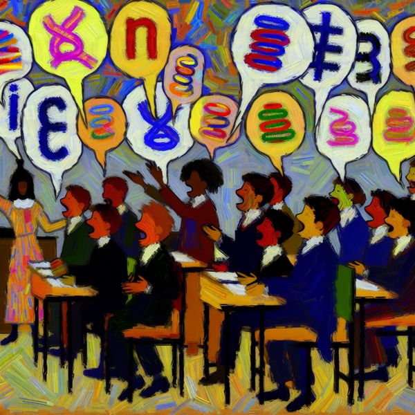 Creatieve leren met tongbrekers in de klas Abstract expressionist kunstwerk van een drukke klas vol diverse studenten die enthousiast deelnemen aan een tongbreker spel, met kleurrijke spraakballonnen vol jumbled letters.