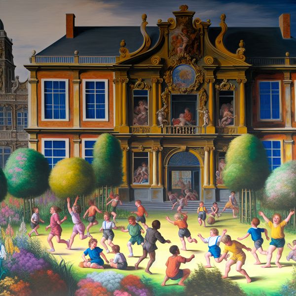 Vibrant School Building in Baroque Style with Playground Een recent gerenoveerd schoolgebouw in Barokstijl met kinderen die vrolijk spelen op de speelplaats.