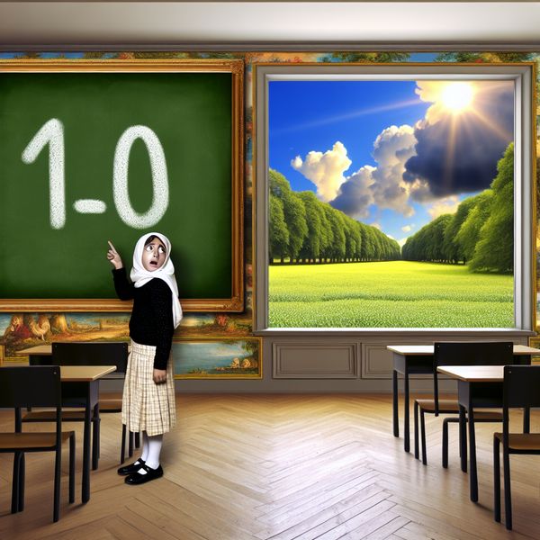 Klassikale scène met een verwarde leerling die naar het raam wijst, waar het juiste antwoord '5' in de zonneschijn te zien is, terwijl op het bord '10' staat.