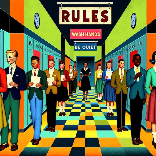 Schoolregels en voorschriften illustratie voor taalonderwijs en discipline Retro-futuristische illustratie van een schoolgang met diverse leerlingen die bordjes met regels vasthouden, zoals 'Handen wassen' en 'Stil zijn', onder een groot bord met 'REGELS' in vetgedrukte retro-typografie
