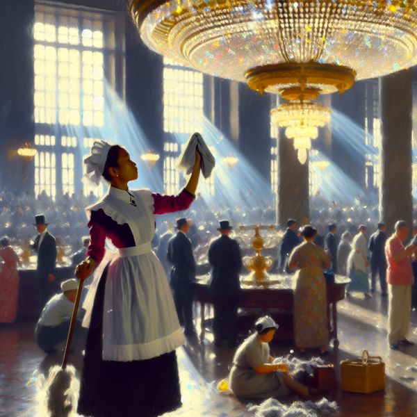 Vrouw in schoonmaker uniform typeert hotel lobby reiniging Een enthousiaste schoonmaakster in een traditioneel uniform die een grote, ornamentale kroonluchter schoonmaakt in een hotel lobby, met zonlicht dat door hoge ramen schijnt.