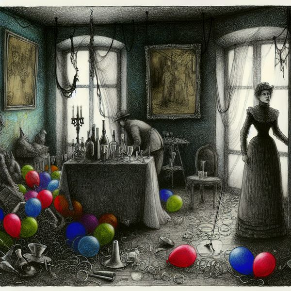 Schoonmaken in een Donkere Kamer met Vintage Stijl Een persoon in vintage kleding aan het schoonmaken in een donkere, moody kamer vol kleurrijke ballonnen en lege glazen na een feest.