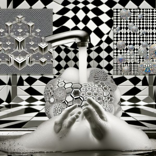 Surrealistische illustratie van handen die wassen onder stromend water met geometrische zeepbellen in de stijl van M.C. Escher, symboliserend schoonmaken met water en zeep