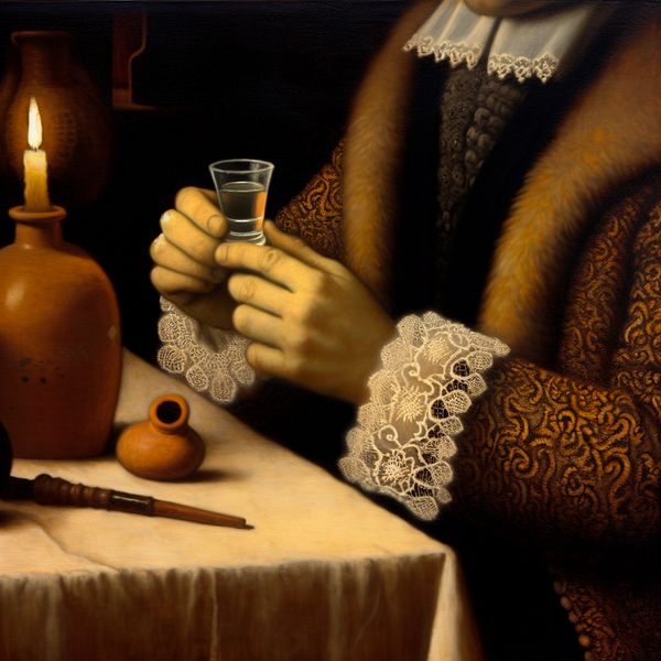 Schotje jenever: traditioneel Nederlands borrelmoment in 17e-eeuws interieur 17e-eeuwse Nederlandse man houdt een klein glaasje jenever vast, klaar om een schotje te nemen in een intiem interieur met kaarslicht