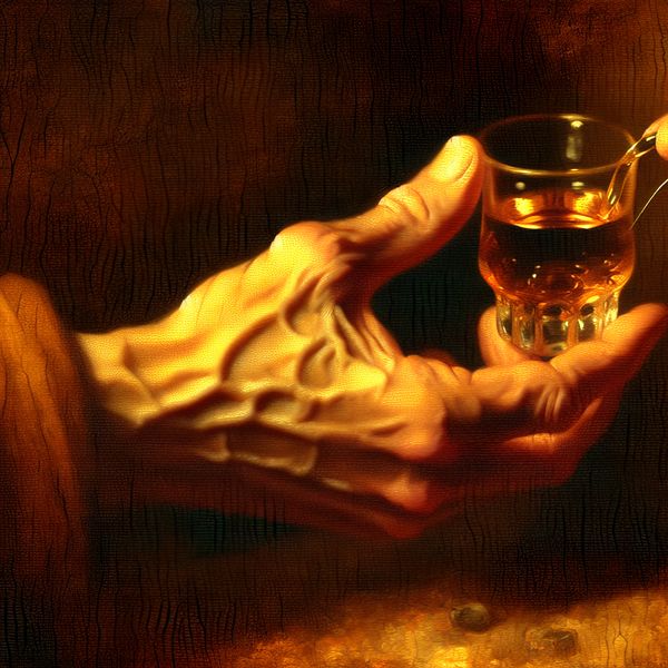 Klein glas met een schotje sterke drank, zoals jenever of whisky, ingeschonken met dramatische belichting