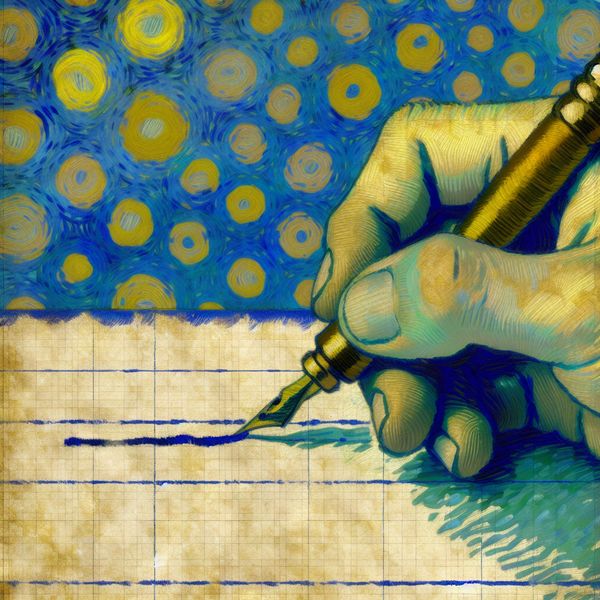 Schrijflijn op papier: hand met pen klaar om te schrijven in Van Gogh-stijl Illustratie van een hand met pen boven een horizontale schrijflijn op papier, in Van Gogh-stijl met blauwe en gele penseelstreken