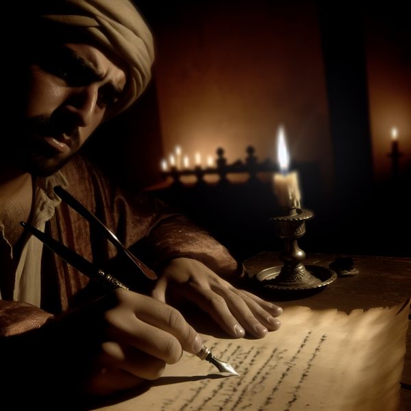 Man schrijft met intense concentratie bij kaarslicht in een schemerige kamer