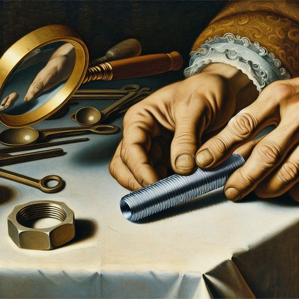 Close-up van een ambachtsman die met een vergrootglas het schroefdraad van een metalen bout inspecteert, met gereedschap en stoffen op de achtergrond