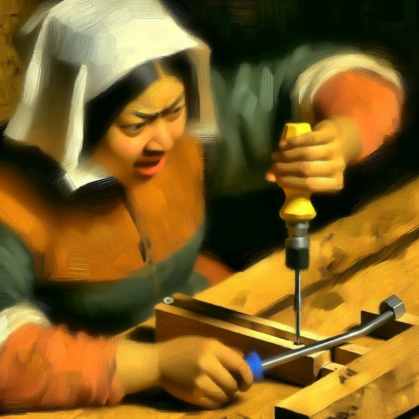 Schroevendraaier als instrument: taal leren met gereedschap en actie Persoon gebruikt een schroevendraaier om een schroef in hout vast te draaien, dynamische penseelstreekstijl