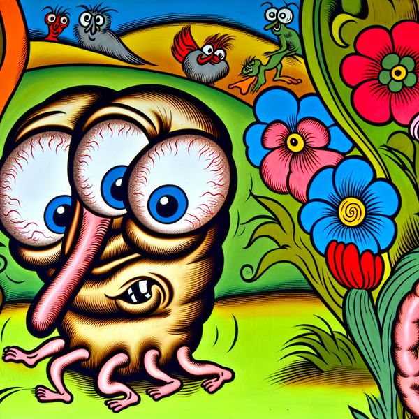 Een schuchtere worm-achtig personage met grote ogen, dat zich verbergt achter een kleurrijke achtergrond van bloemen, terwijl vrolijke vrienden spelen.