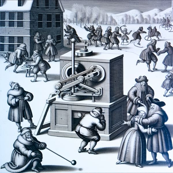 17e-eeuwse Nederlandse winterscène met persoon die een schuifknop van een apparaat afstelt in een besneeuwd dorpsplein