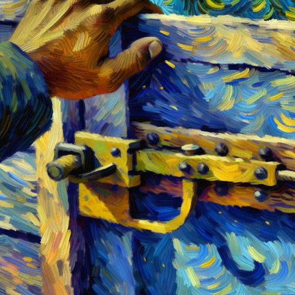Hand die een houten schuifraam opent met een metalen schuiver in Van Gogh-stijl