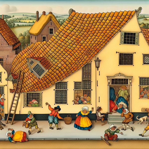 Schuin dak in Nederlands dorp: schilderij in Jan Steen-stijl voor taalonderwijs Schuin aflopend dak van een huis in een levendig Nederlands dorp in de stijl van Jan Steen, met spelende kinderen en een ladder tegen het huis