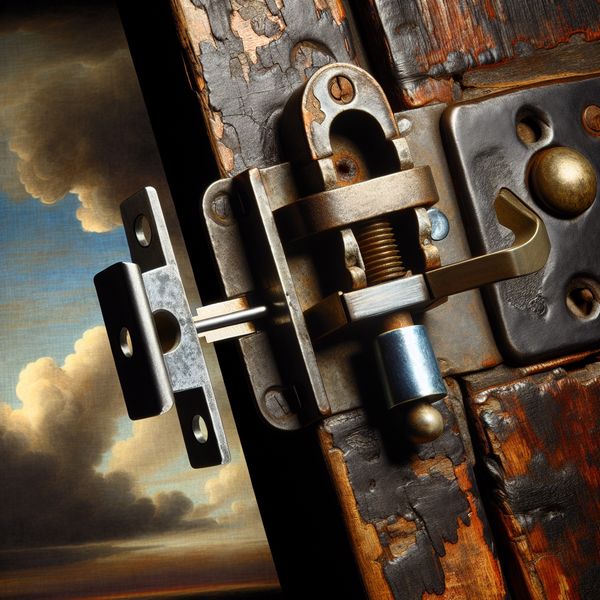 Schuiver in slotmechanisme: historische mechaniek en precisie in olieverfschilderij Detailed schilderij van een roestige oude deurklink met een klein metalen schuiver die vastzit in het slotmechanisme, in de stijl van Jacob van Ruisdael