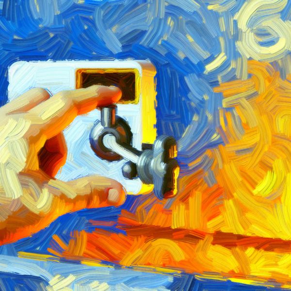 Illustratie in Van Gogh-stijl van een hand die een schuiver op een digitaal thermostaatmechanisme bedient, met expressieve penseelstreken en warme kleuren