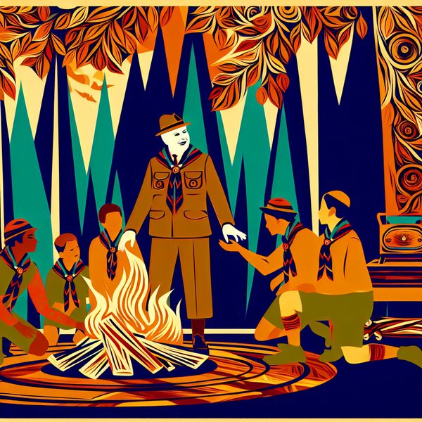 Vriendelijke scoutingleider begeleidt kinderen bij het opbouwen van een kampvuur in een retro-futuristische stijl