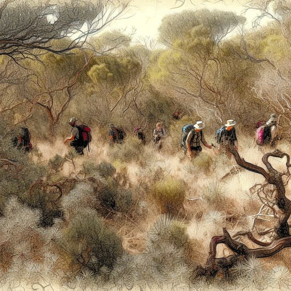 Scrubland vegetatie: wandelen door dichte struiken in droog natuurgebied Illustratie van een groep wandelaars in een droog natuurgebied met dichte, lage struikbegroeiing en subtiele wilde dieren zoals een kangoeroe
