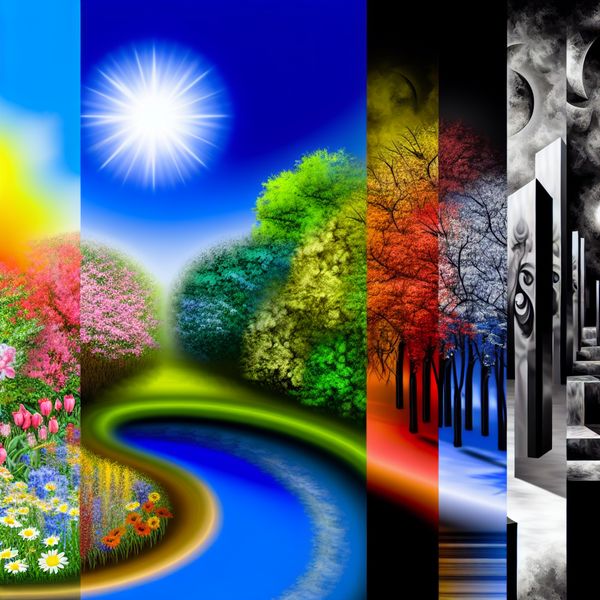 Seizoenscyclus in hyper-realistische stijl met kunstzinnige architectuur Hyper-realistisch beeld van de seizoenscyclus met lente, zomer, herfst en winter, inclusief bloemen, bladeren en sneeuw.