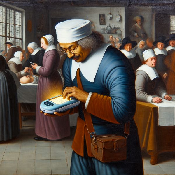17e-eeuwse Nederlandse dokter bekijkt een semafoon in een druk ziekenhuis, geschilderd in de levendige stijl van Frans Hals