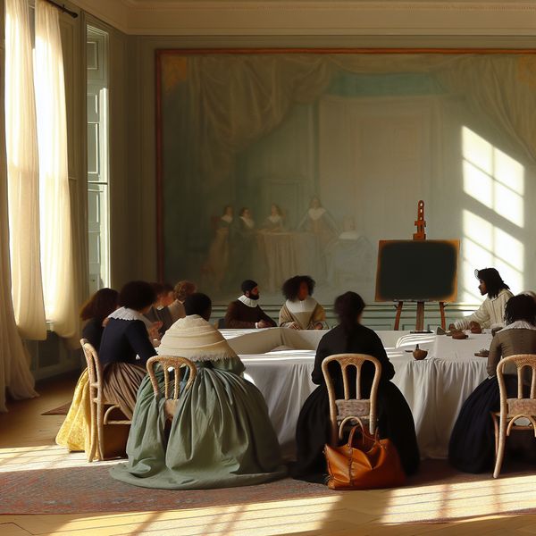 Seminarruimte voor Taalonderwijs en Kennisdeling Een serene binnenruimte met een seminar in uitvoering, waarbij elegant geklede deelnemers aan een ronde tafel discussiëren.