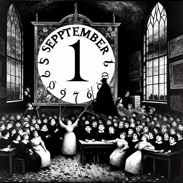 Gothische illustratie van een klaslokaal met kinderen en een dreigende kalender met 'SEPTEMBER' gemarkeerd als start van het schooljaar, symbolisch voor de overgang van vakantie naar school
