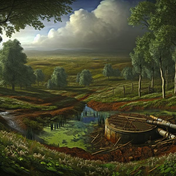Septische tank in landelijk landschap: natuur en bacteriën in sanitair systeem Gedetailleerd landschap in de stijl van Jacob van Ruisdael met een verborgen septische tank tussen weelderige begroeiing, hintend naar bacteriële groei en verwaarlozing