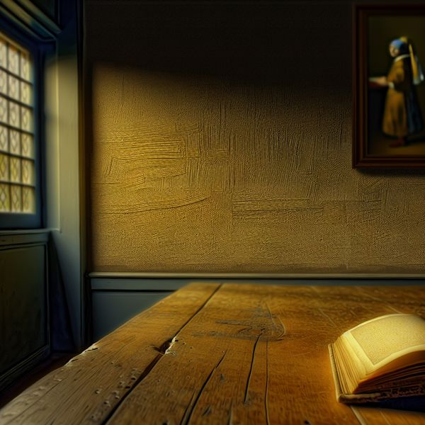 Elegante binnenruimte met zijdepaneel en boek op tafel Een serene binnenomgeving met een prachtig geschilderde wand, een boek op een houten tafel, zacht licht.