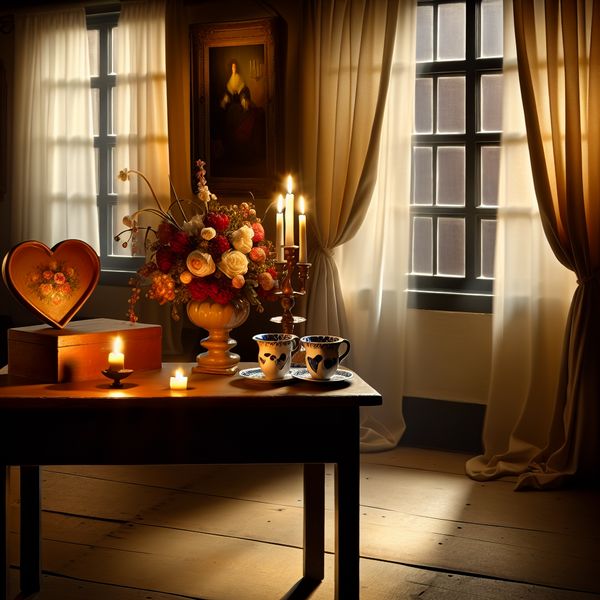Serene Binnenruimte Geïnspireerd door Vermeer Een serene binnenruimte met een tafel die versierd is met een hartvormige doos, een boeket bloemen en twee kopjes, symboliserend de tederheid van de liefde.