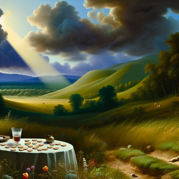 Een prachtige buitenstaander met een tafel, een glas en enkele munten op een groene achtergrond met heuvels en een dramatische lucht.