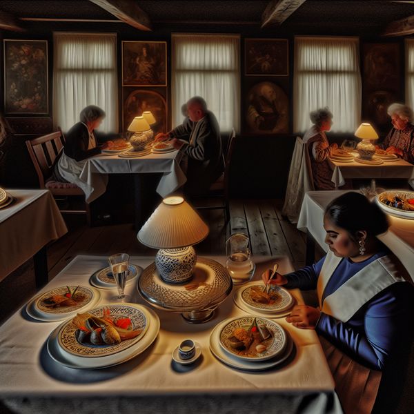 Serene diningscene in een gezellige restaurant met visgerechten Een mooi gedekte tafel met visgerechten in een rustig restaurant, met gasten die genieten van hun maaltijden.