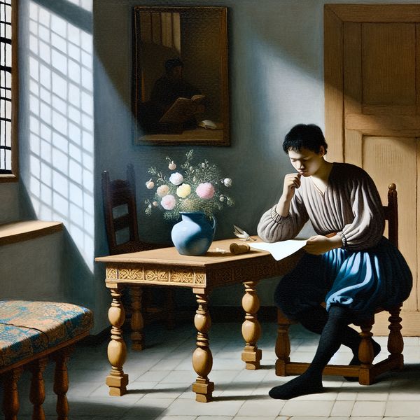 Jong Persoon Reflecteert op Mening aan Houten Tafel Een jong persoon zit aan een houten tafel, nadenkend over een stuk papier, verlicht door zacht zonlicht van een raam.