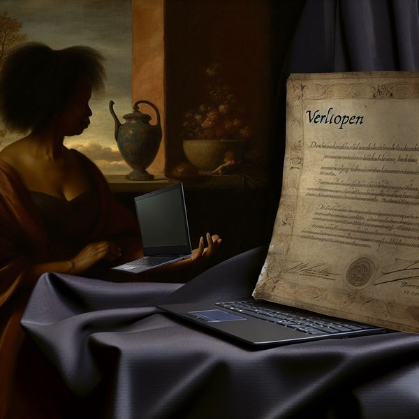 Een contemplatieve persoon met een laptop en een vervallen garantiebewijs, met het woord 'VERLOPEN' zichtbaar.