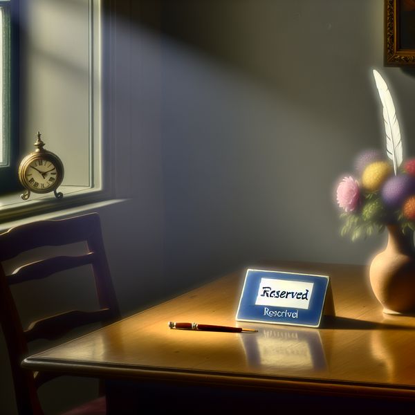 Een serene kamer met zacht, diffuus licht dat door een raam valt op een houten tafel met een gereserveerd bord, een vaas met bloemen en een verenpen.