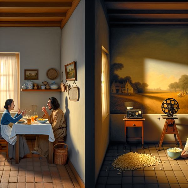 Serene keuken scene met tijdsverloop in Vermeer stijl Een serene keuken met een eettafel en twee mensen, eerst met een lunch en later met een film, in de stijl van Johannes Vermeer.