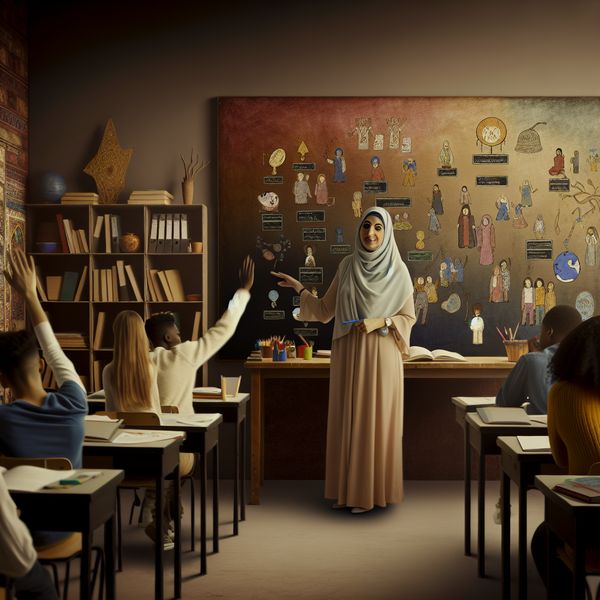 Serene Klaslokaal met Kleurrijke Illustraties voor Taalonderwijs Klaslokaal met leraren en diverse studenten die samenwerken, met kleurrijke illustraties op de zwarte schoolbord