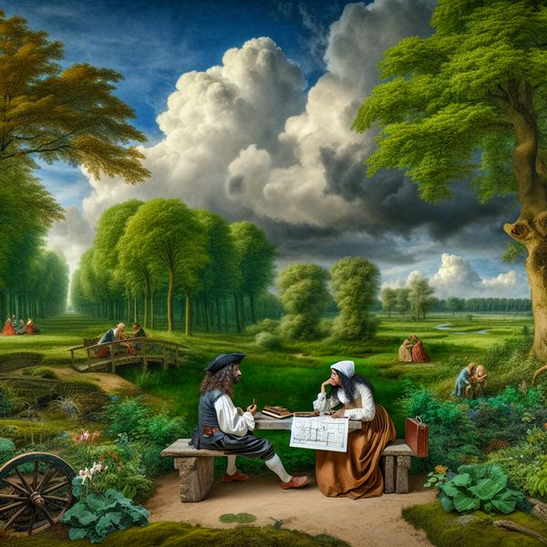 Serene Landschap met Diepgaand Gesprek in de Natuur Twee personen zittend op een houten bank in een bosrijke omgeving, verdiept in gesprek met een schetsboek tussen hen in.