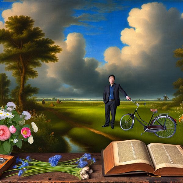 Landschap met fiets en boek in stijl van Jacob van Ruisdael Een serene landschap schilderij in de stijl van Jacob van Ruisdael, met een man naast een nieuwe fiets en een open boek op een tafel.