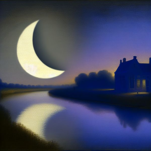 Serene Landschap met Halve Maan en Historische Architectuur Rustiek landschap met een halve maan aan een schemerige lucht, weerspiegeld in een kalme wateroppervlak.