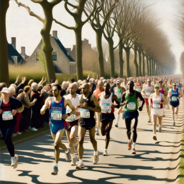 Serene Marathon Straatscène in Vermeer Stijl Marathonlopers in een straat, in de stijl van Johannes Vermeer