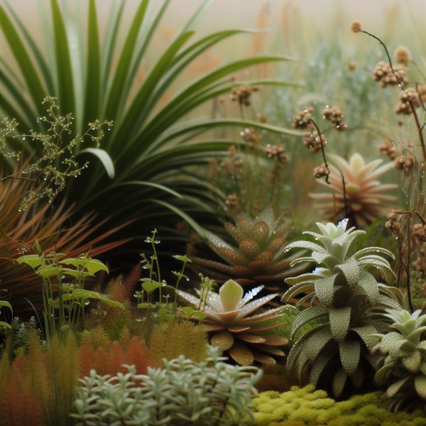 Een serene natuurscène met diverse plantensoorten in een tijdelijke verzameling, met waterdruppels op de bladeren.