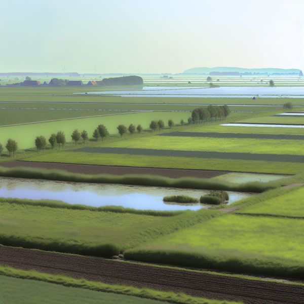 Serene Nederlandse polderlandschap met landwinning Een rustige Nederlandse polderlandschap met dijken en drainagekanalen op de achtergrond, met velden die drooggelegd zijn uit zee.