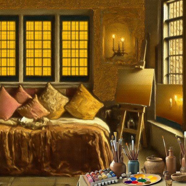 Sereen slaapkamer interieur met warme kleuren Sereen interieur van een slaapkamer met warme kleuren, een grote raam en schildersezel.