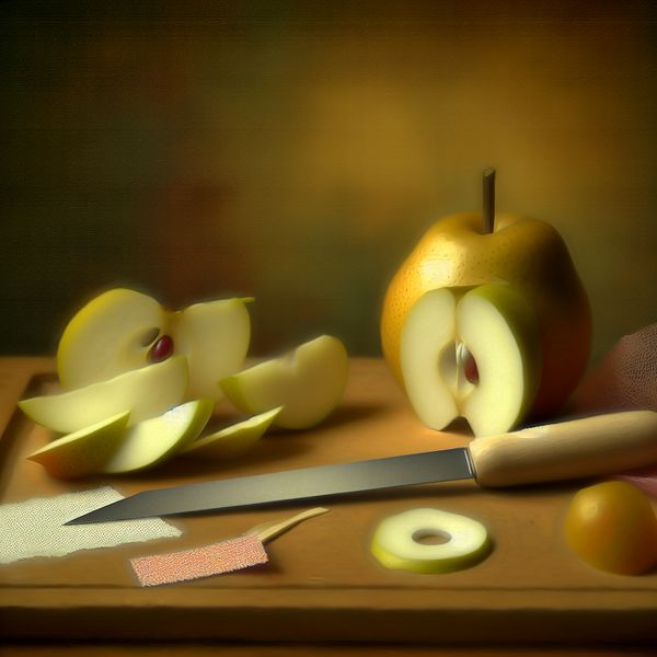 Stillevens van een mesje met fruit en creatief materiaal Een delicaat mesje naast vers gesneden fruit op een houten tafel, met een zacht verlichte achtergrond.