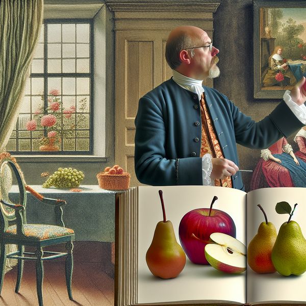Leraar geeft voorbeeld met fruitillustraties Een wijze leraar wijst naar een versierd boek met illustraties van zoete appels en sappige peren in een rustige studeerkamer.