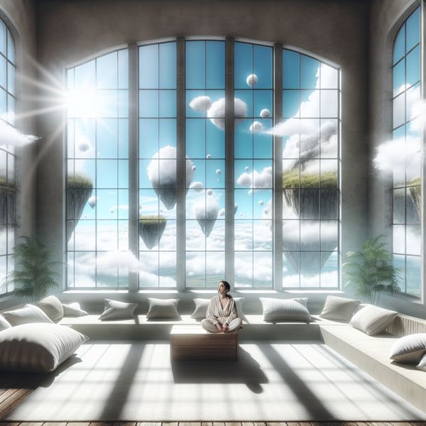 Serene Surrealistische Ruimte voor Zelfzorg Een serene en surrealistische binnenruimte met een individu op een comfortabele bank, omringd door zachte kussens en planten, met grote ramen die fel zonlicht binnenlaten.