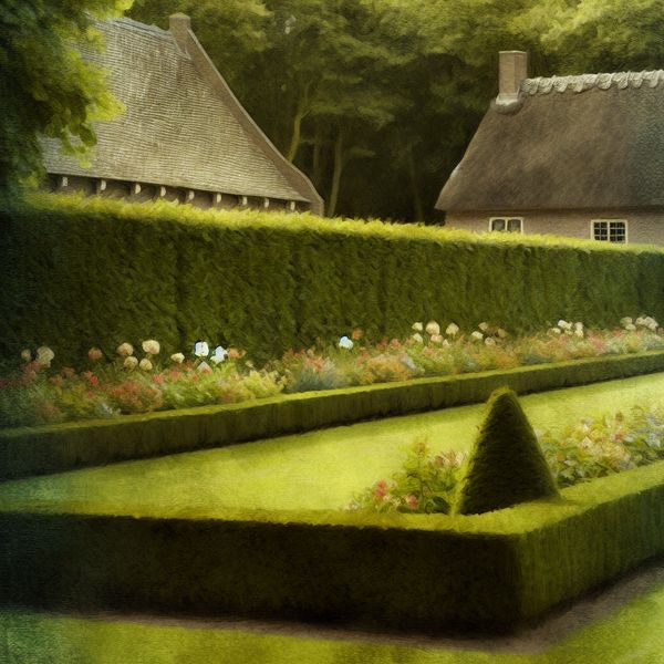 Een serene tuin met zorgvuldig gesnoeide heggen omringd door bloembedden vol kleurrijke bloemen, bathed in natuurlijk licht.