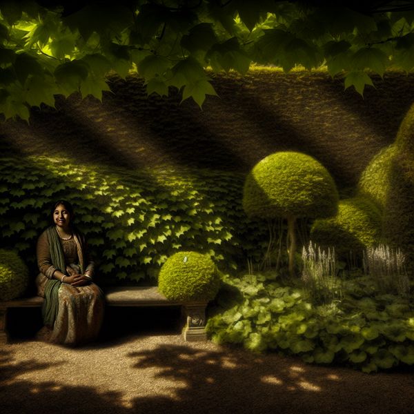 Serene Tuin Scène met Stenen Bank en Chiaroscuro Rustige tuin met een stenen bank en een persoon in contemplatie