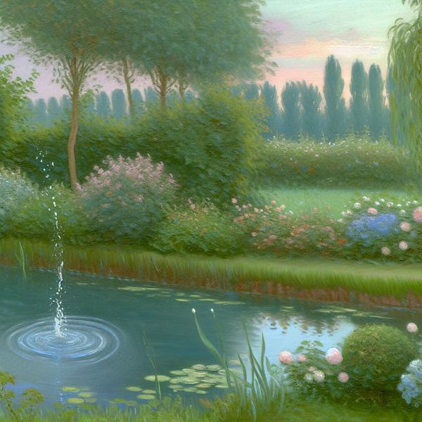 Rustige tuin met een vijver waarin waterdruppels vallen, omringd door weelderig groen en bloemen.