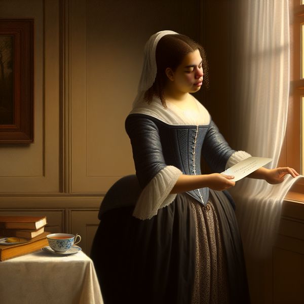 Elegantly dressed woman closing a letter at a doorway, with warm light illuminating the room